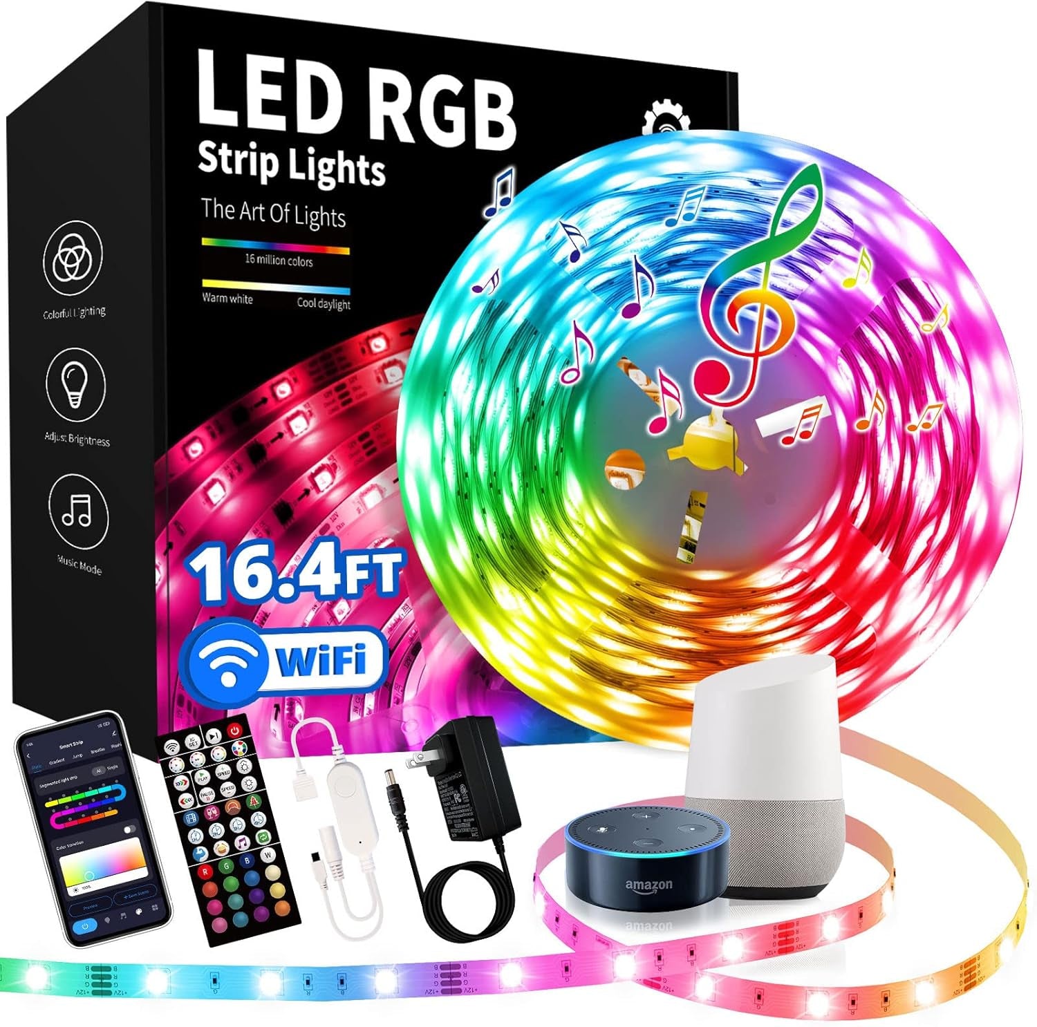Smart RGB+IC 16.4Ft Led Strip Lights for Bedroom,Dream Color Led Lights 16 Million Colors with Voice,5050 Led Strips with Remote Wifi Strips Light for Bedroom,Room Patry Decor Christmas Gifts