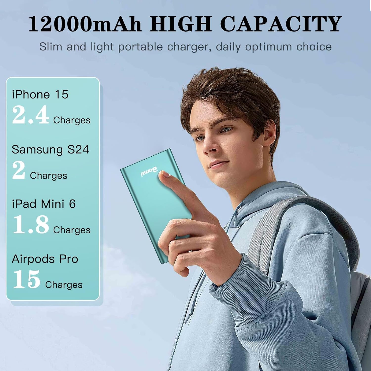 High-Capacity 12,000mAh Portable Charger - 5V/3A Fast Charging Power Bank with Dual Input/Output (USB-C) for iPhone 17/16/15/14/13/12, Galaxy, Android, iPad & More - Mint Color