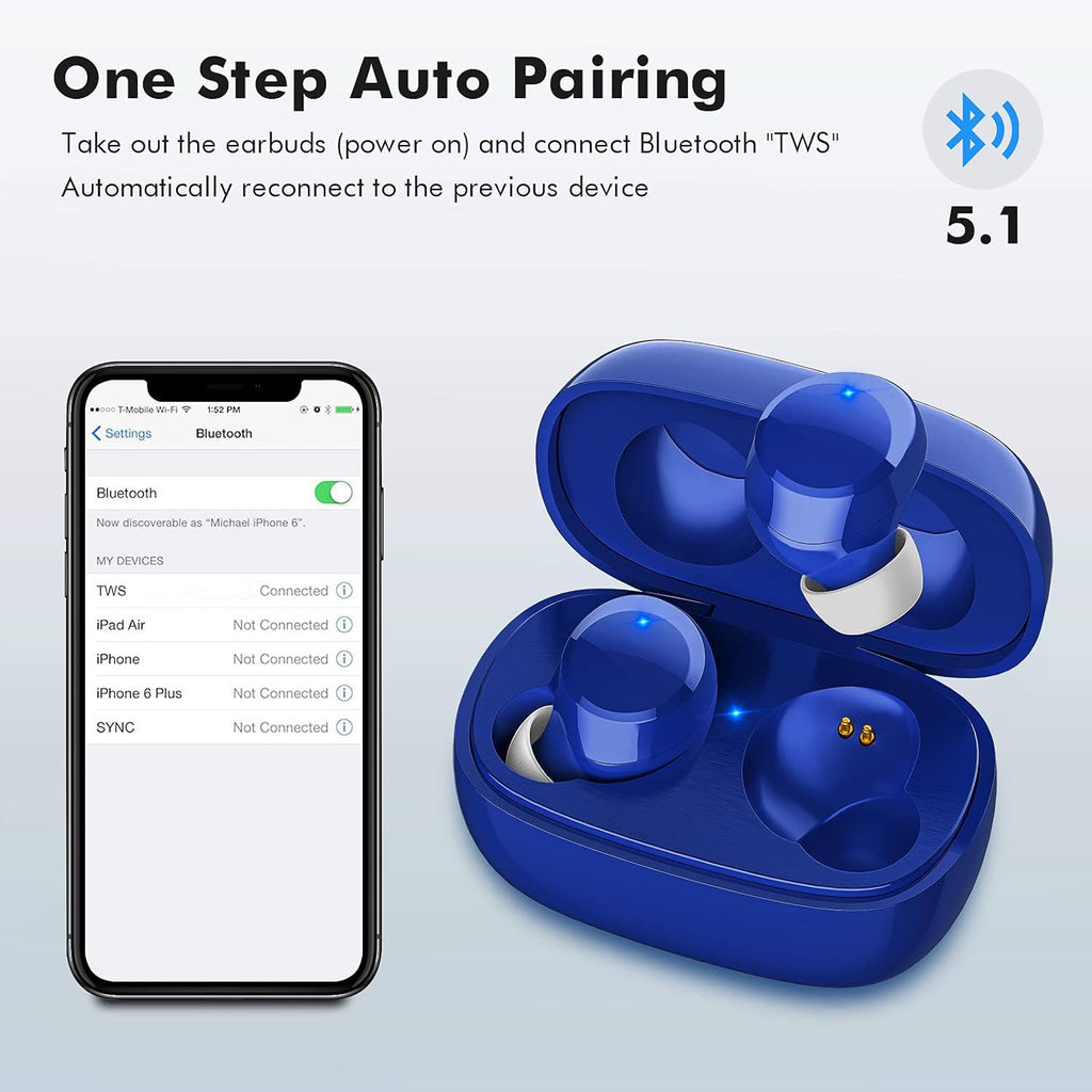 True Wireless Earbuds, Bluetooth 5.1 Small Ear Buds Comfortable Deep Bass Earphones 24Hrs Playtime Mini Charging Case IPX7 Waterproof Earbuds In-Ear Stereo Headphones Headset for Sports Workout Blue