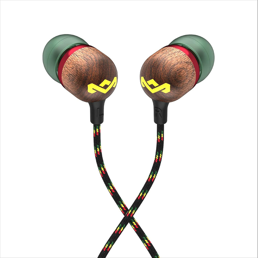 Smile Jamaica: Wired Earphones with Microphone, Noise Isolating Design, and Sustainable Materials (Rasta)