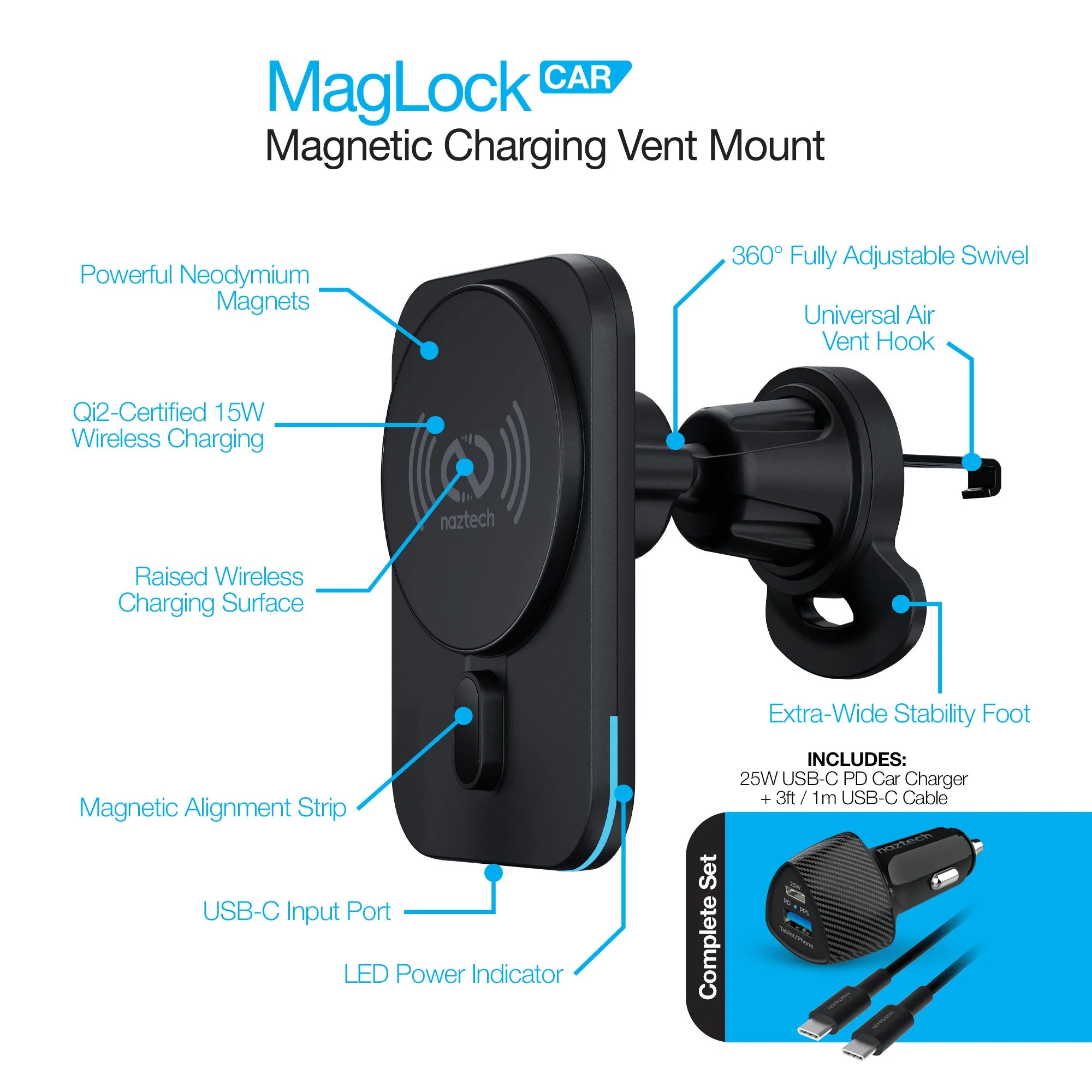 Naztech Maglock CAR 15W Magnetic Wireless Fast Charging Vent Mount with Qi2