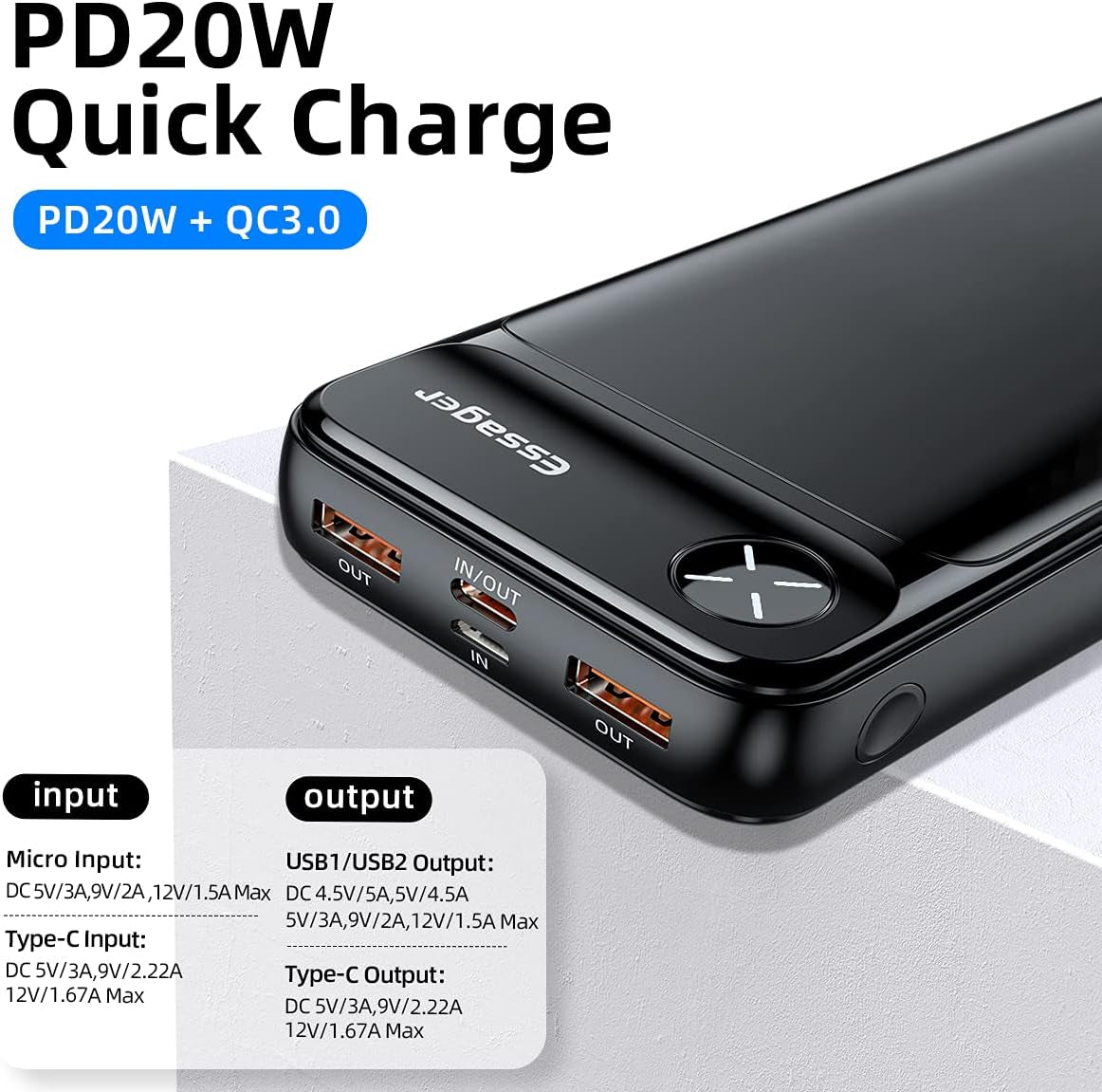 High-Capacity 20000mAh Portable Charger - Fast Charging Power Bank with USB-C PD 20W & QC 3.0 for iPhone, iPad, Samsung & More